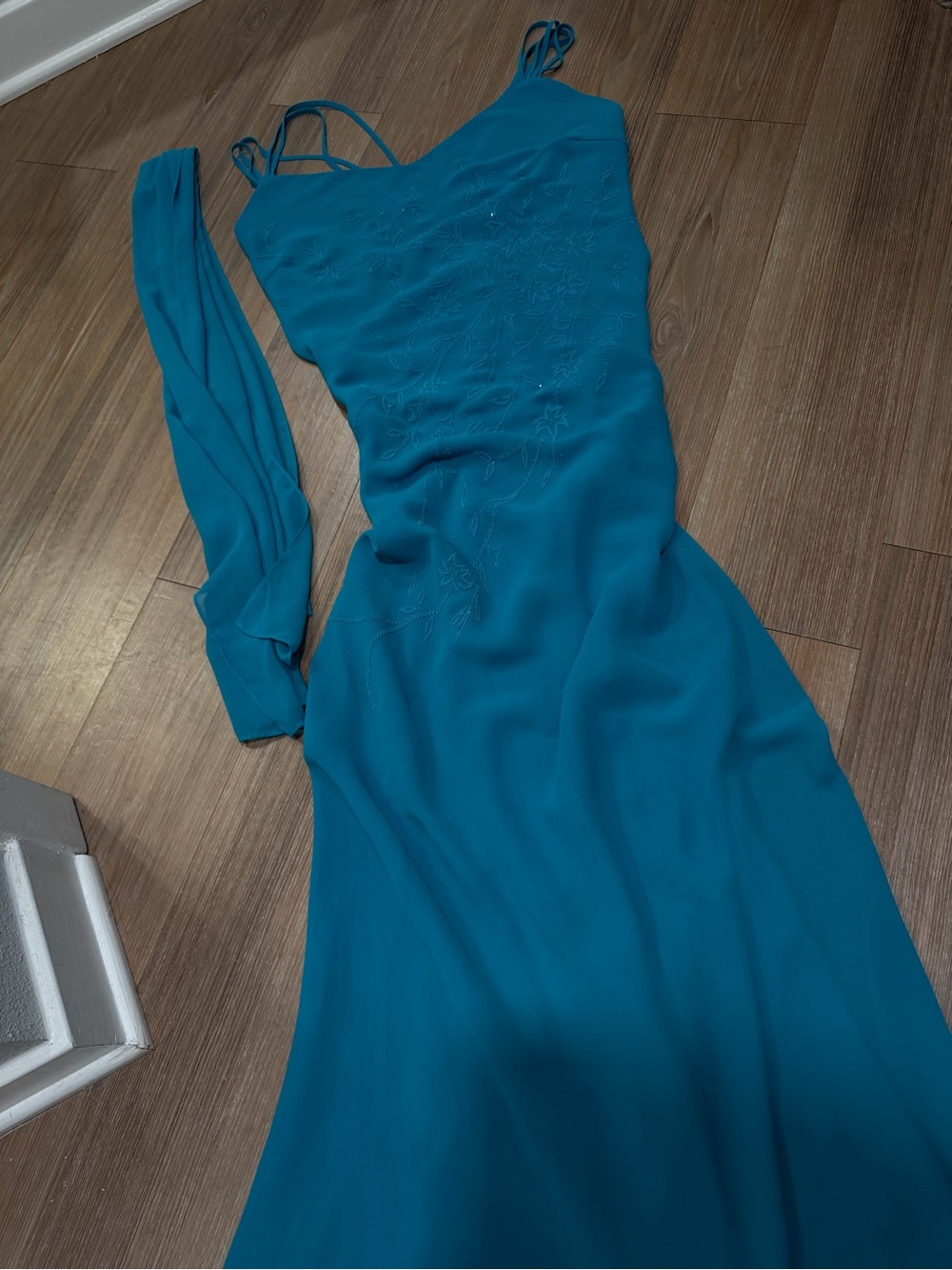 Backless Teal Evening Slip Dress with Double Straps
